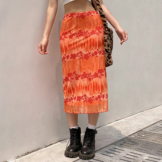 High-Waist Over-The-Knee Floral Print Skirt