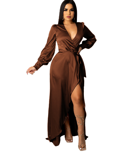 Women's V-neck Silk Lace-up Irregular Dress