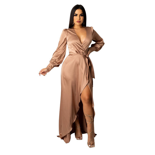 Women's V-neck Silk Lace-up Irregular Dress