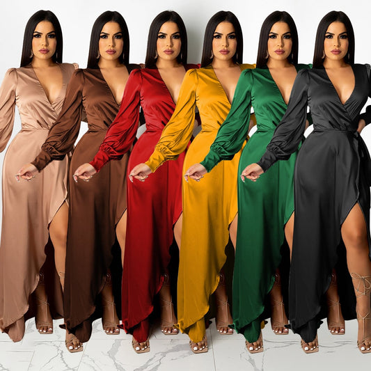 Women's V-neck Silk Lace-up Irregular Dress