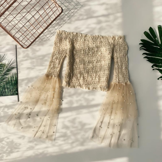 One-Shoulder Mesh Top with Beaded Bell Sleeves