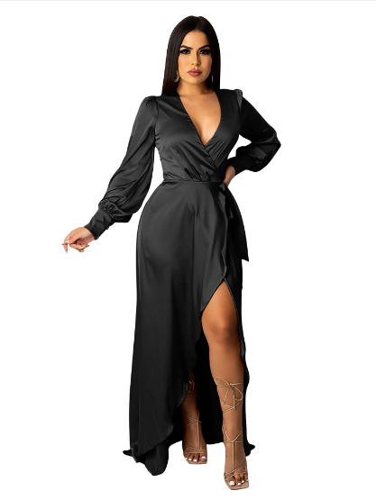 Women's V-neck Silk Lace-up Irregular Dress