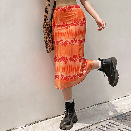 High-Waist Over-The-Knee Floral Print Skirt