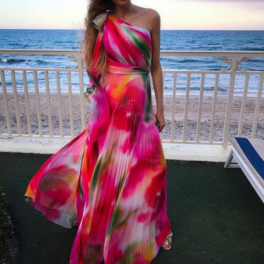 Rainbow Print Pleated Waist Dress for Summer Fashion